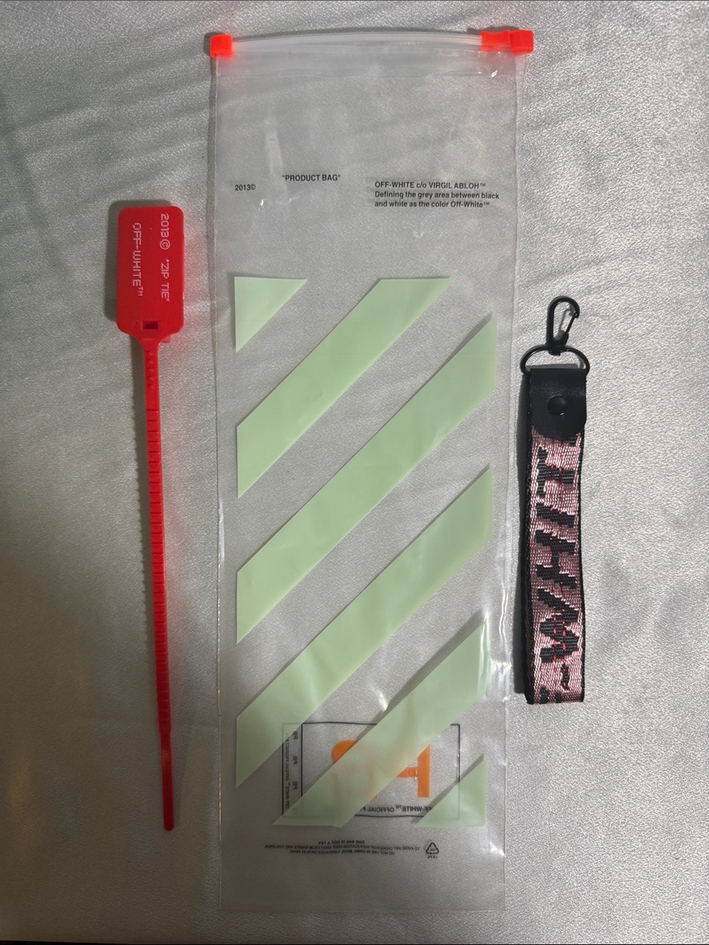 Off-White Clear Diagonal Stripe Phone Pouch with Red Zip Tag and Pink Strap🔥New!